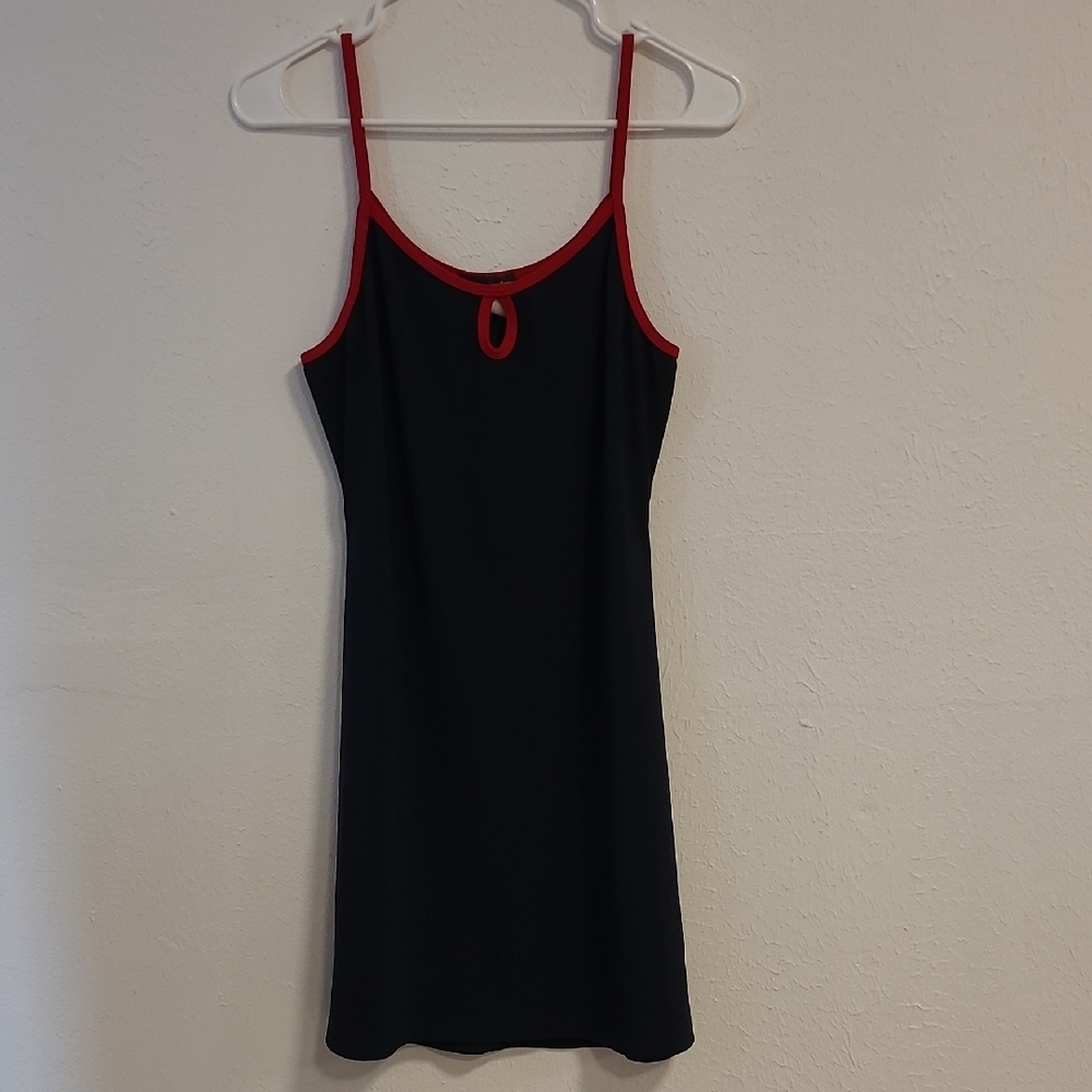 Chic Navy Blue Dress With Red Straps